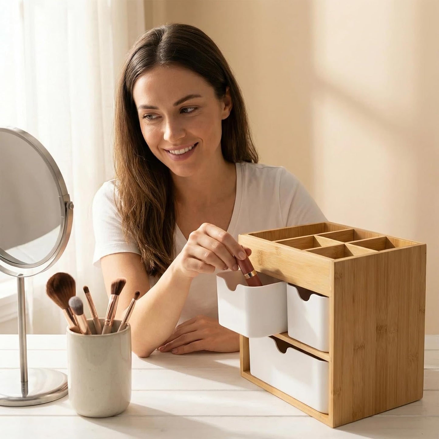 Ninebendstreams Bamboo Makeup Organizer with 3 Drawers, Dresser Cosmetic Organizer Box,Bamboo Desk Organizer for Home with Adjustable Dividers