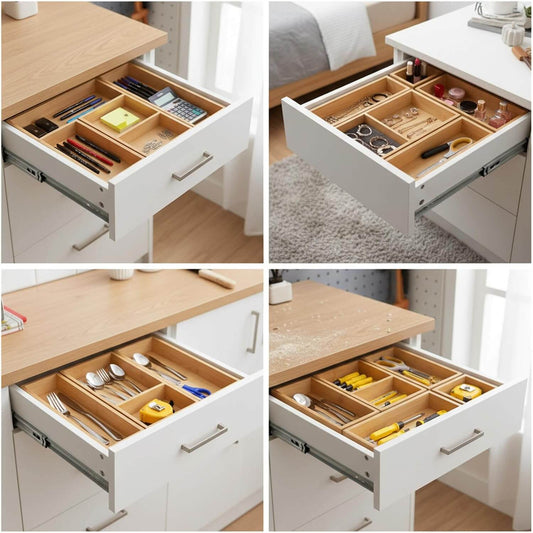 Ninebendstreams 5-Piece Bamboo Drawer Organizer Set Wooden Junk Drawer Organizer for Office,Kitchen Wood Drawer Tea Organier Boxes Silverware, Make Up and Tea Bag