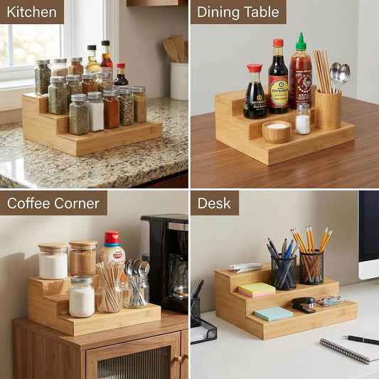 Ninebendstreams 2 Pack Bamboo Spice Rack Organizer for Cabinet Wooden Spice Shelf for Kitchen Pantry Storage Organizer 3 Tier Countertop
