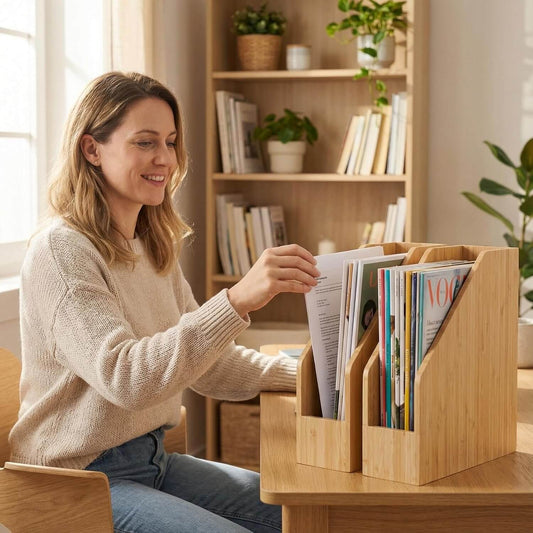 2 Pack Bamboo File Folder Holder Book Holder Frames Document Cabinet Rack Storage Organizer Small Magazine Shelf for Home,Office