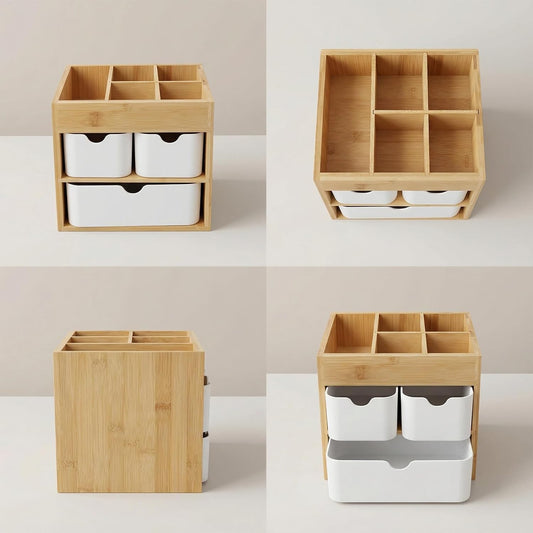 Ninebendstreams Bamboo Makeup Organizer with 3 Drawers, Dresser Cosmetic Organizer Box,Bamboo Desk Organizer for Home with Adjustable Dividers