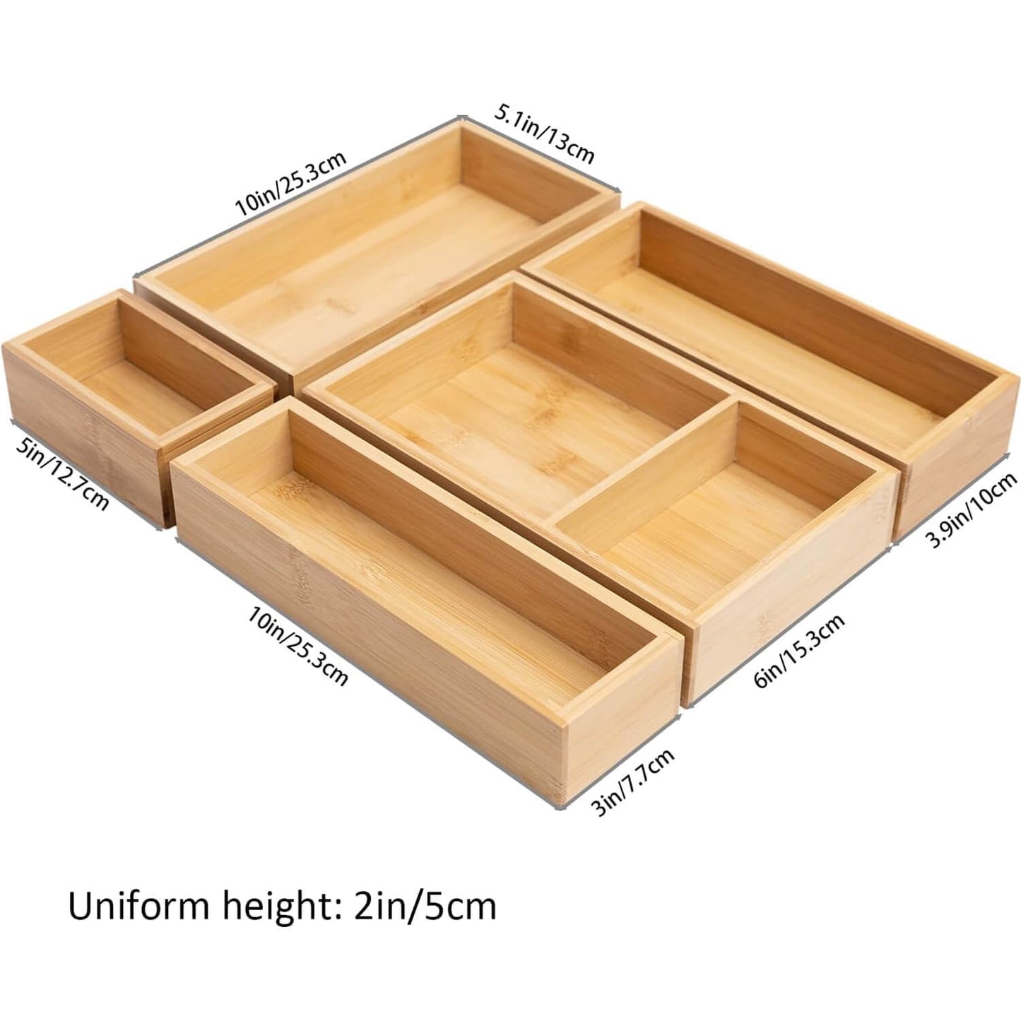 Ninebendstreams 5-Piece Bamboo Drawer Organizer Set Wooden Junk Drawer Organizer for Office,Kitchen Wood Drawer Tea Organier Boxes Silverware, Make Up and Tea Bag