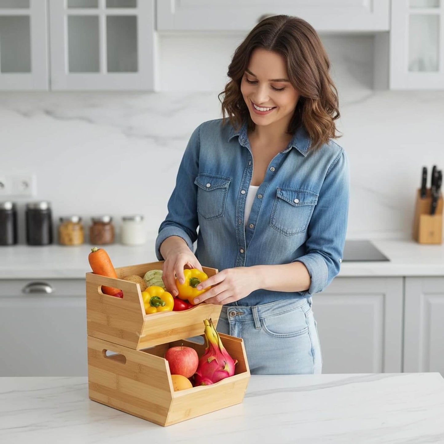 Bamboo Pantry Storage Bins， Potato and Onion Storage Bin Ventilated stackable Design Kitchen Organization Storage Basket Food Fruit Container for Cabinet, Studio, Office