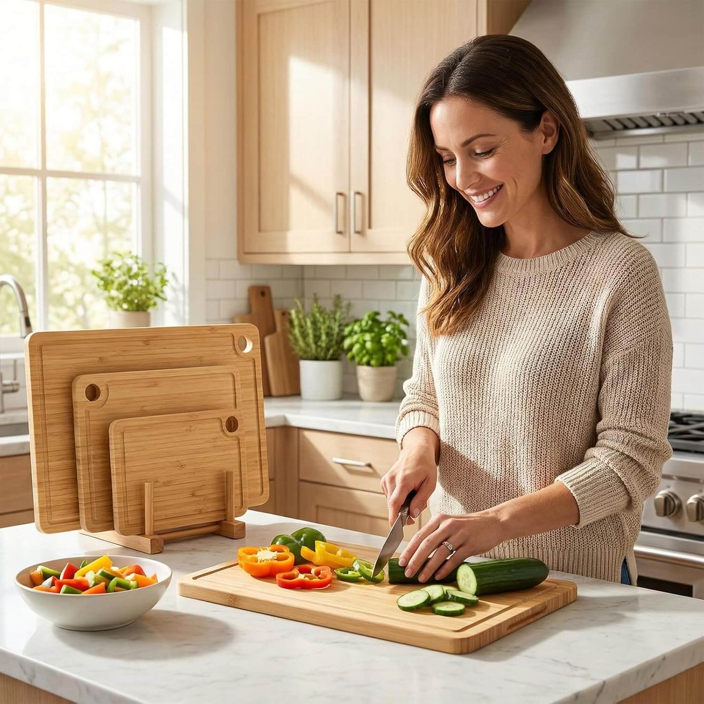 Ninebendstreams Bamboo Cutting Boards for Kitchen, Wooden Chopping Boards Set of 3,Wood Cutting Boards with Juice Groove for Meat, Vegetables and Fruits,Ideal Kitchen Gifts