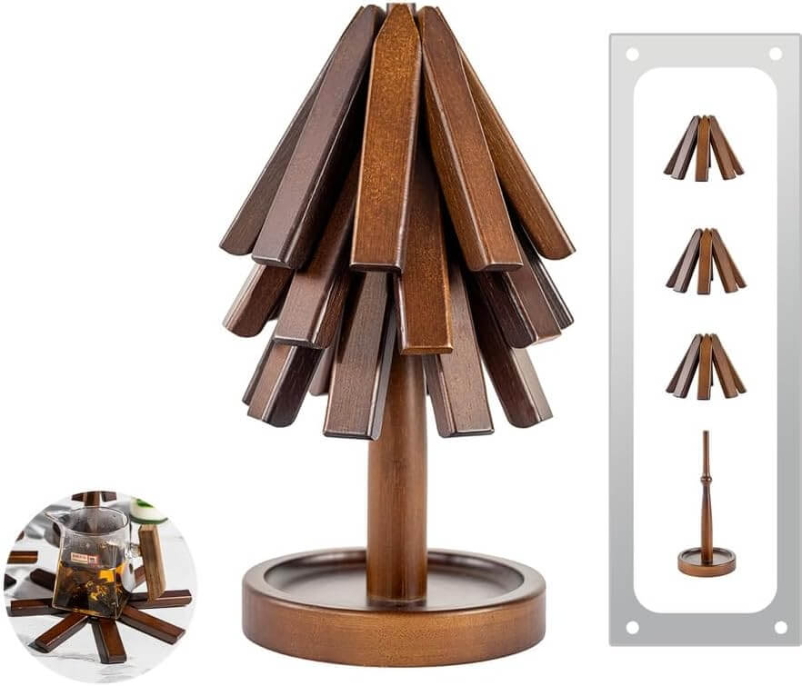 Ninebendstreams Serving tray liners, Wooden Tree Shape Trivet Set, Bamboo Trivet Set with Organizer Rack Coaster Home Decor, Creative Housewarming Gift
