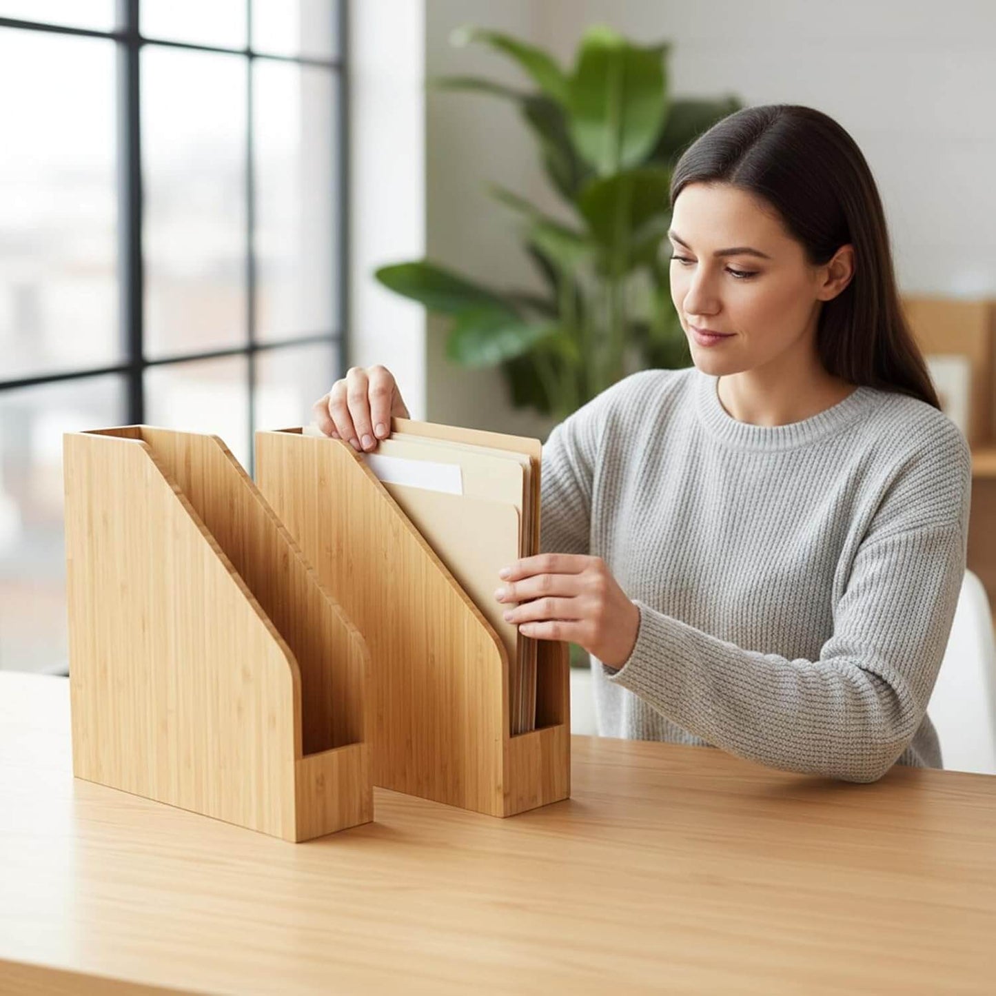 2 Pack Bamboo File Folder Holder Book Holder Frames Document Cabinet Rack Storage Organizer Small Magazine Shelf for Home,Office