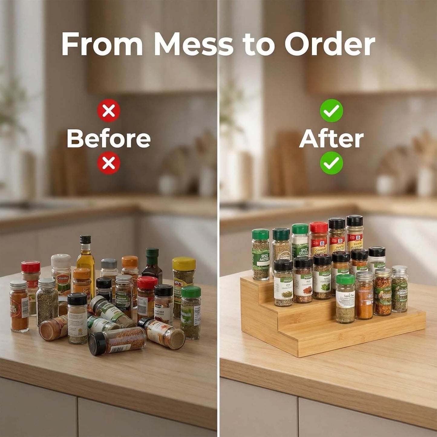 Ninebendstreams 2 Pack Bamboo Spice Rack Organizer for Cabinet Wooden Spice Shelf for Kitchen Pantry Storage Organizer 3 Tier Countertop