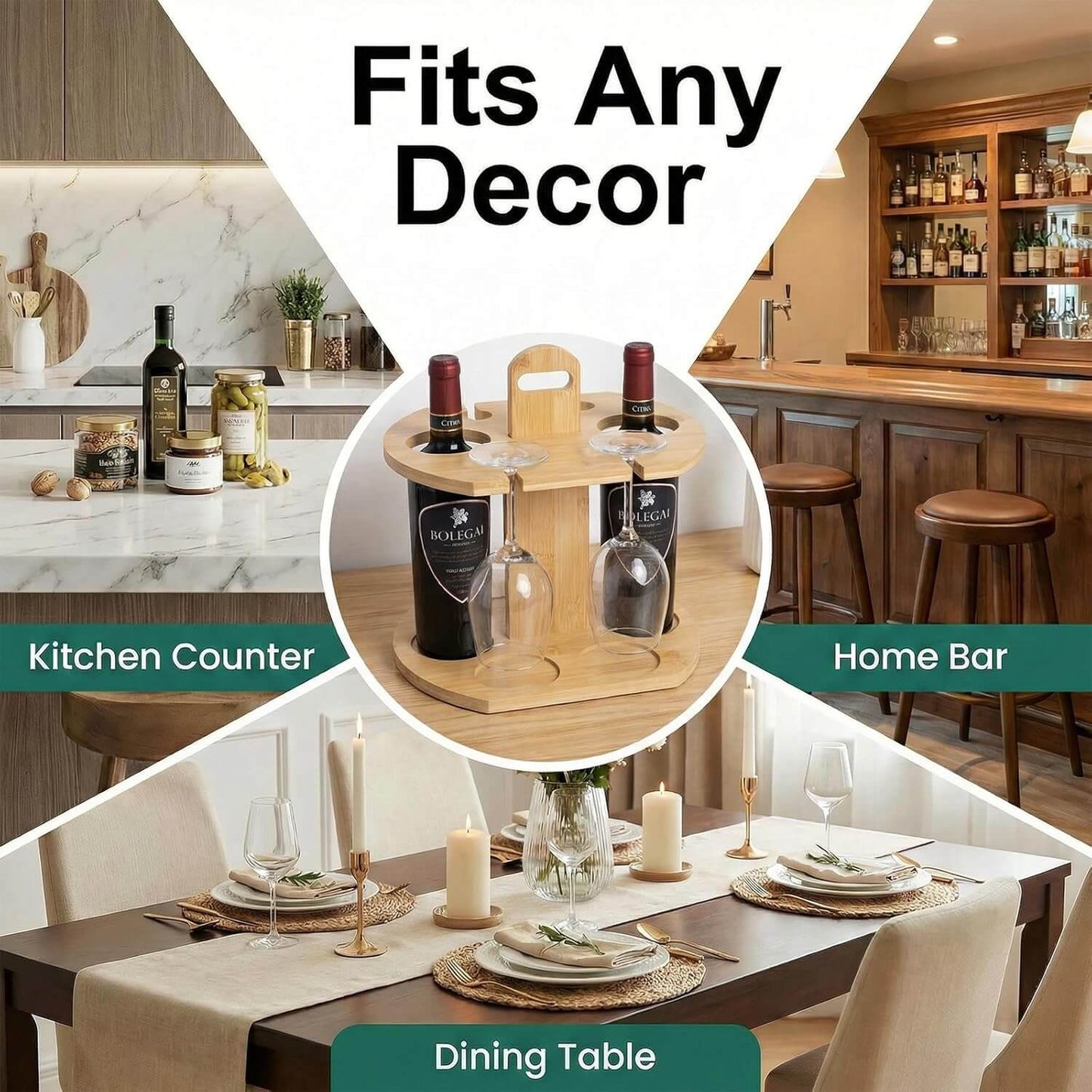 Ninebendstreams Small Bamboo Wine Rack, Portable Wine Glass Rack, Holds 2 Bottles and 4 Glasses for Counter, Wine Bar, Table, or Cabinet