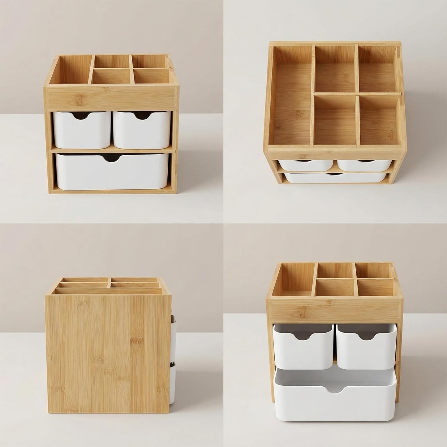 Ninebendstreams Bamboo Makeup Organizer with 3 Drawers, Dresser Cosmetic Organizer Box,Bamboo Desk Organizer for Home with Adjustable Dividers