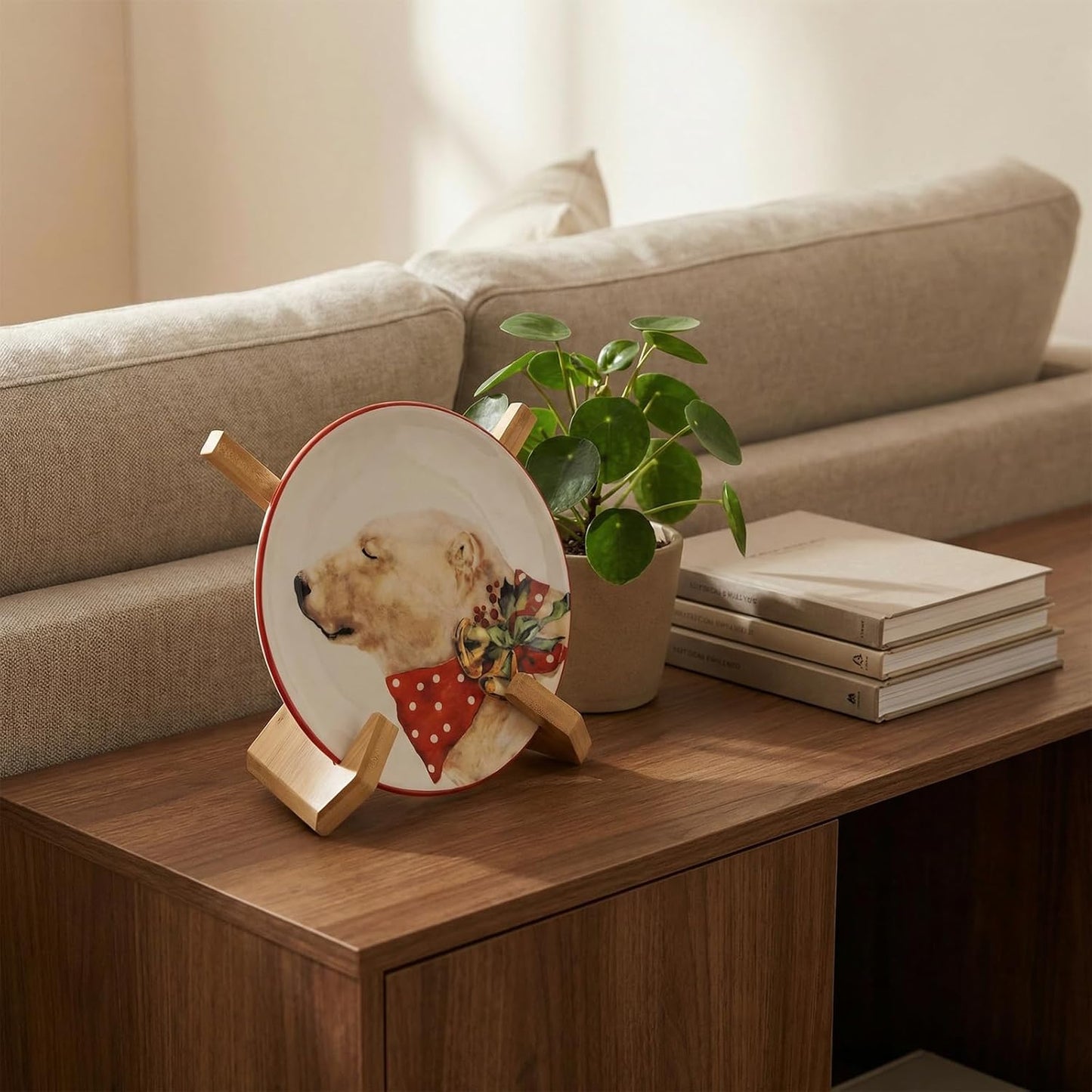Ninebendstreams Bamboo Plate Holders,Kitchen Counter Wooden Plate Stands for Display