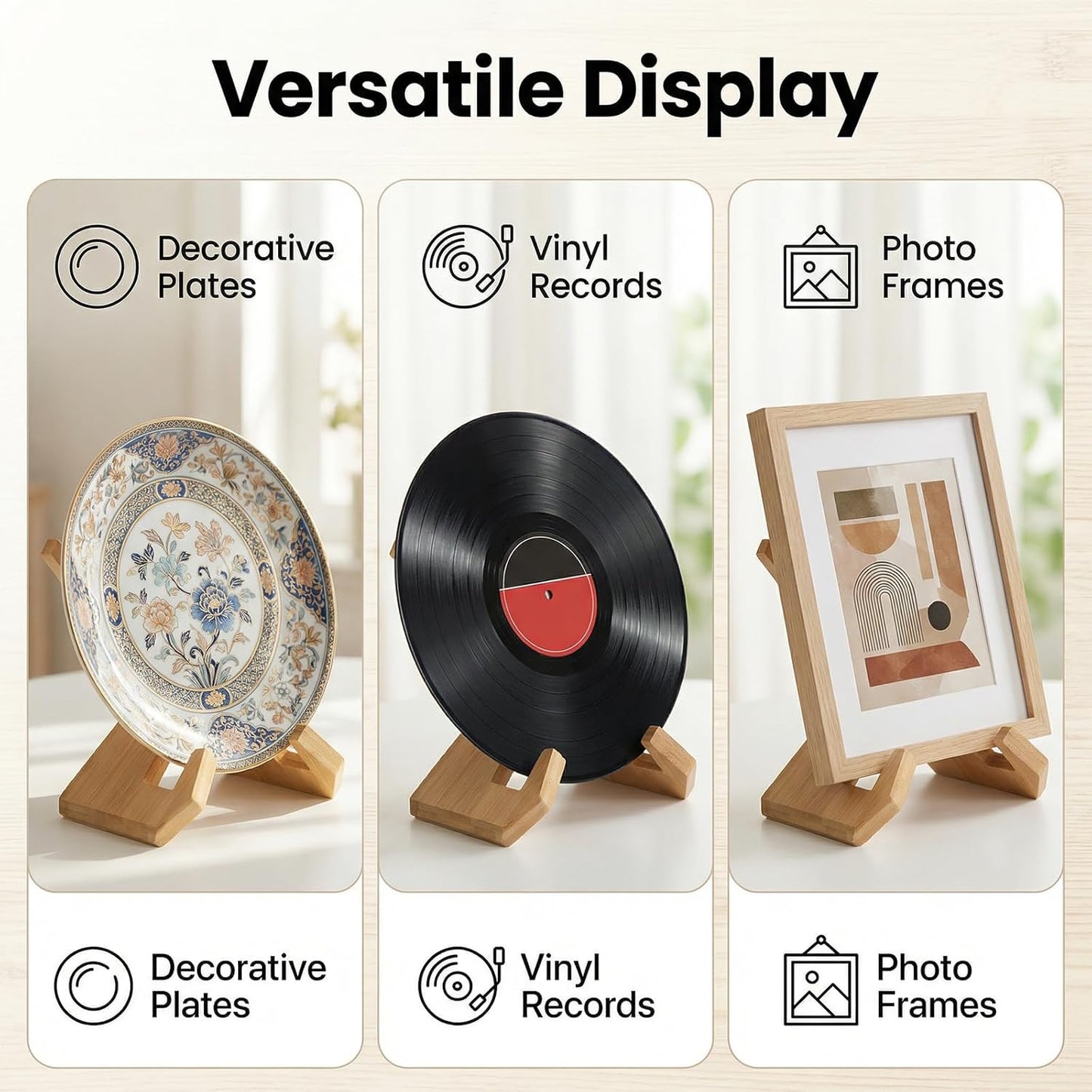 Ninebendstreams Bamboo Plate Holders,Kitchen Counter Wooden Plate Stands for Display
