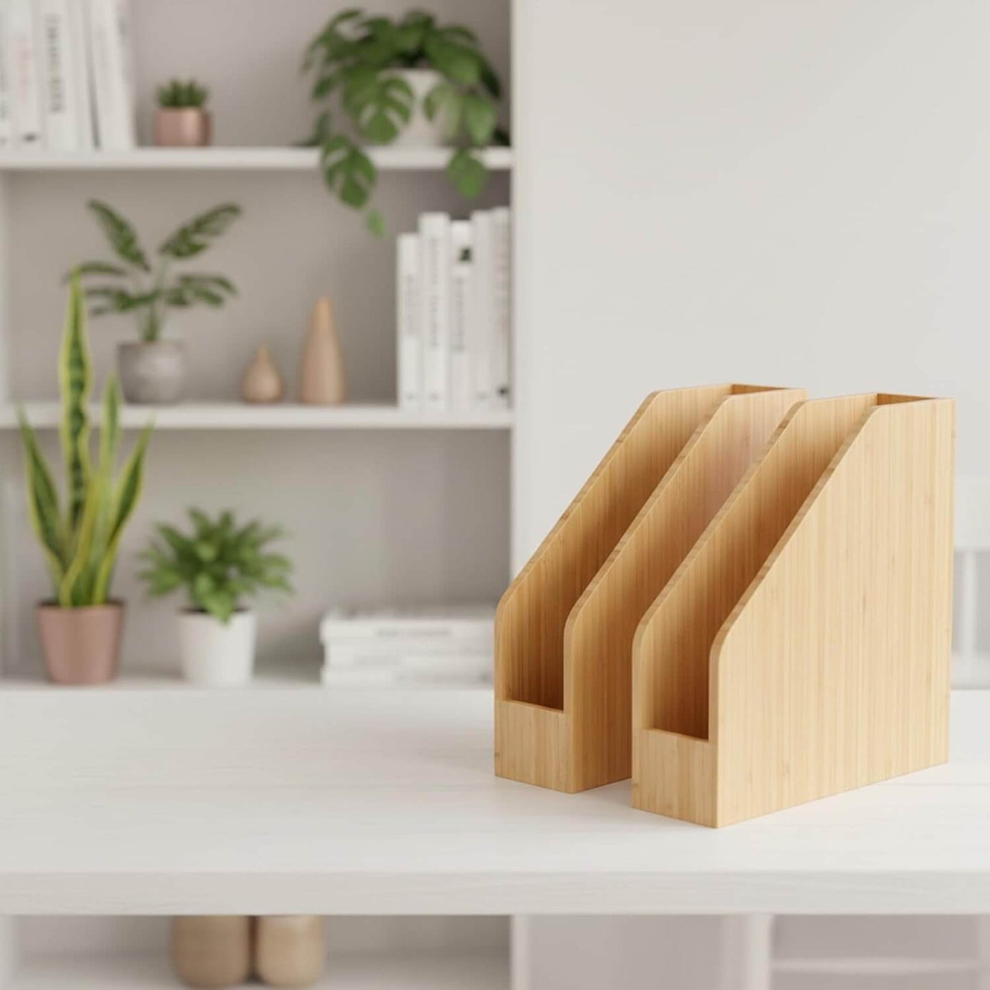 2 Pack Bamboo File Folder Holder Book Holder Frames Document Cabinet Rack Storage Organizer Small Magazine Shelf for Home,Office