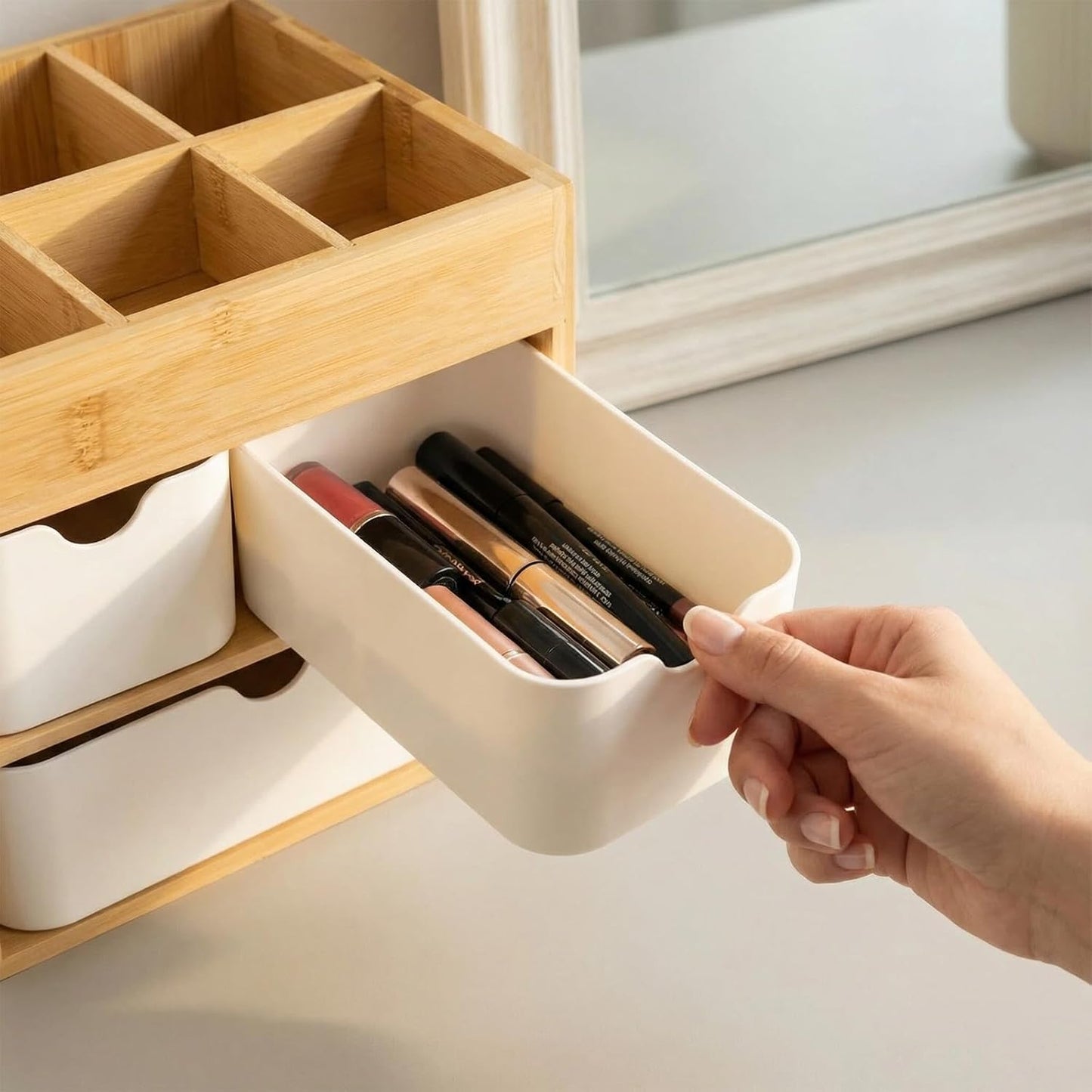 Ninebendstreams Bamboo Makeup Organizer with 3 Drawers, Dresser Cosmetic Organizer Box,Bamboo Desk Organizer for Home with Adjustable Dividers