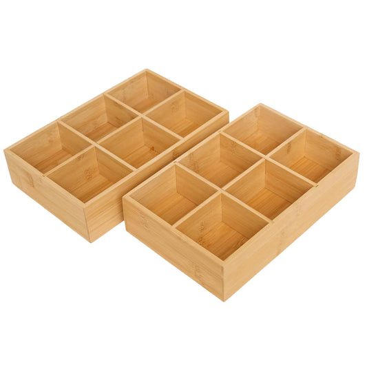 2 Pack Bamboo Desk Organizer with Adjustable Dividers, Modular Wooden Storage Trays for Tea Bags, Snacks, Makeup Office Supplies Drawer Organizer Set for Home & Kitchen