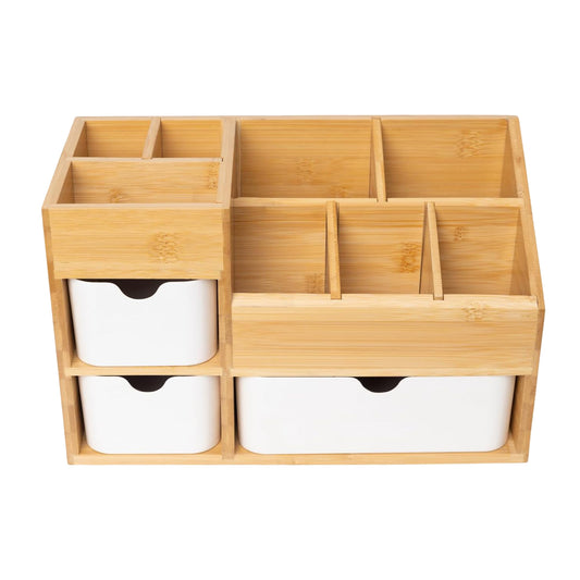 Ninebendstreams Bamboo Makeup Organizer with 3 Drawers, Dresser Cosmetic Organizer Box,Bamboo Desk Organizer for Home with Adjustable Dividers