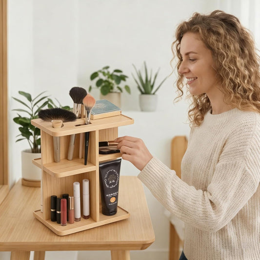 Ninebendstreams 360 Rotating Makeup Organizer for Vanity, Bamboo Desk Organizer, Wood Cosmetic Storage for Desk, Bathroom, Countertop Vanity