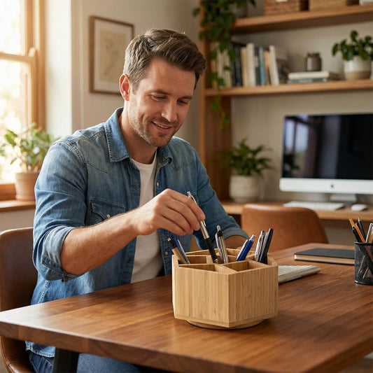 Ninebendstreams 360° Rotating Bamboo Pen Holder Office Art Supply Organizer for Colored Pencil, Crayon, Paint Brushes, Makeup Organizer