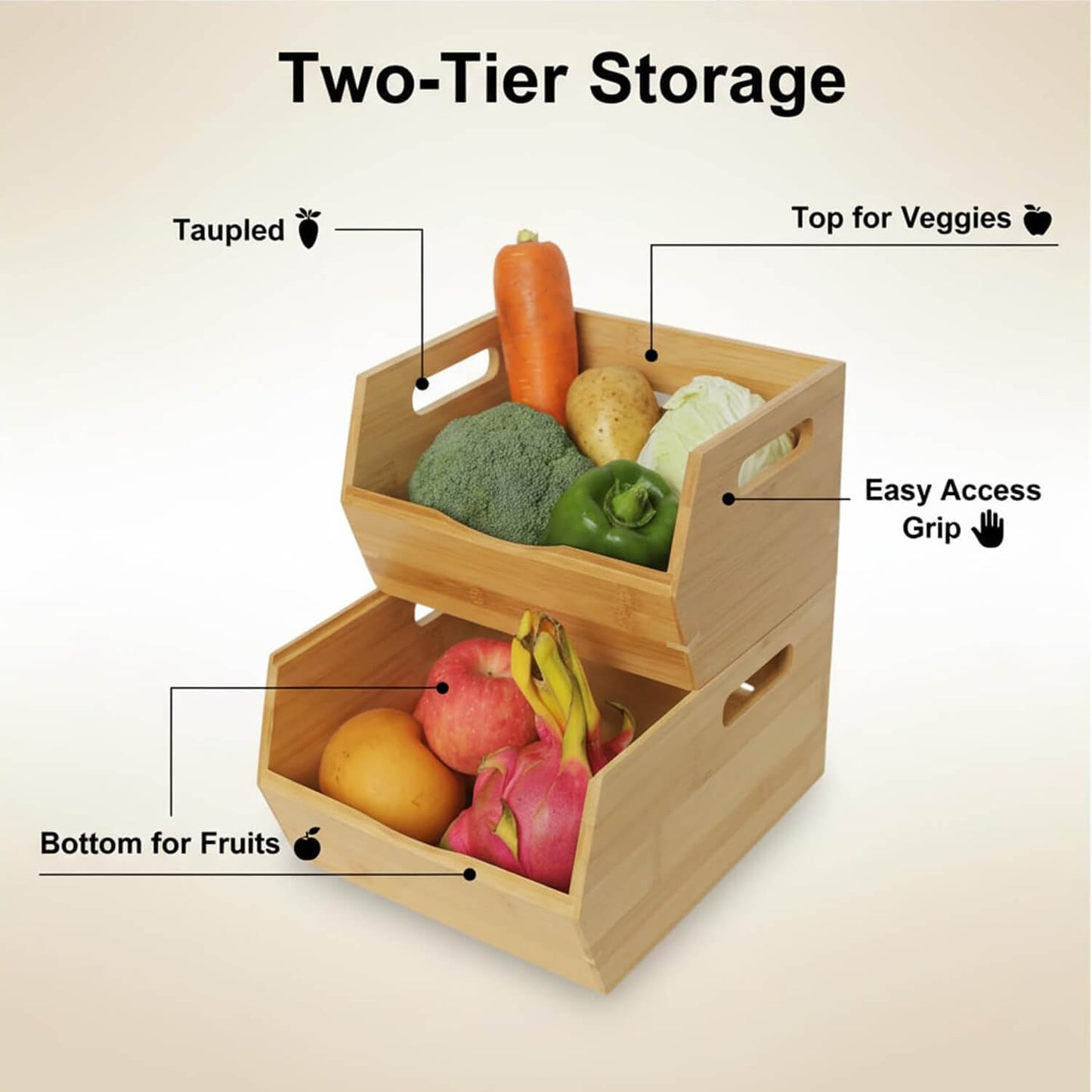 Bamboo Pantry Storage Bins， Potato and Onion Storage Bin Ventilated stackable Design Kitchen Organization Storage Basket Food Fruit Container for Cabinet, Studio, Office