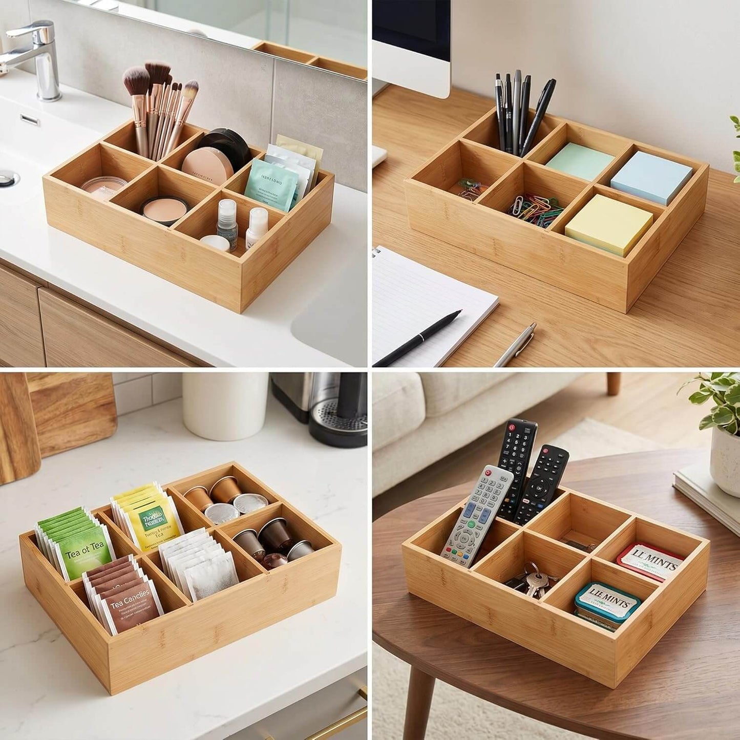 2 Pack Bamboo Desk Organizer with Adjustable Dividers, Modular Wooden Storage Trays for Tea Bags, Snacks, Makeup Office Supplies Drawer Organizer Set for Home & Kitchen