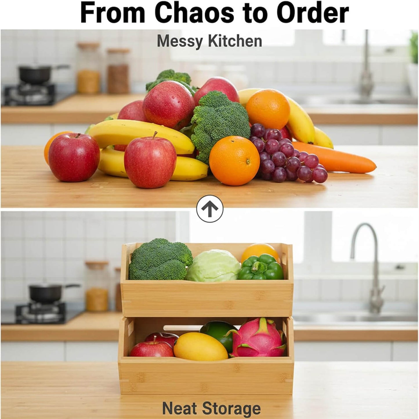 Bamboo Pantry Storage Bins， Potato and Onion Storage Bin Ventilated stackable Design Kitchen Organization Storage Basket Food Fruit Container for Cabinet, Studio, Office