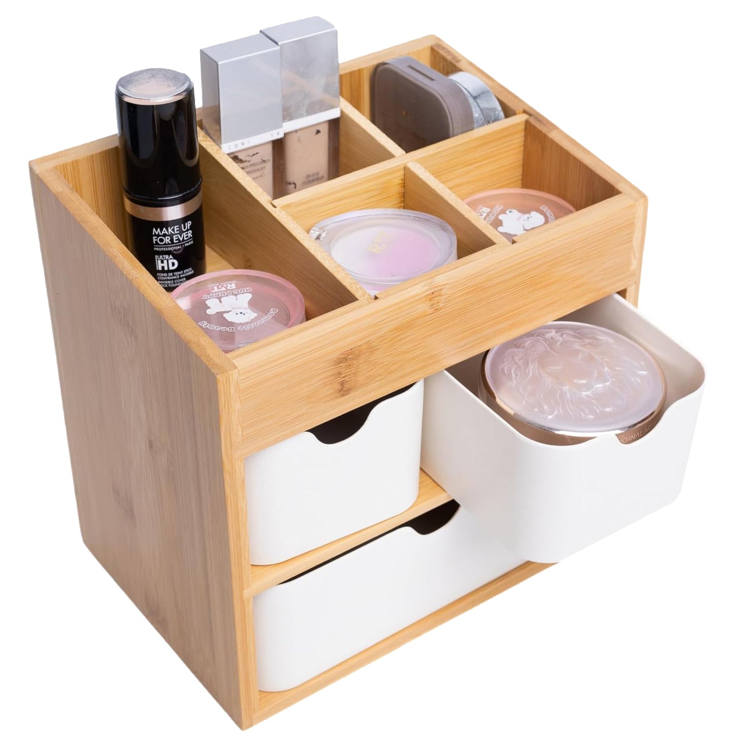 Ninebendstreams Bamboo Makeup Organizer with 3 Drawers, Dresser Cosmetic Organizer Box,Bamboo Desk Organizer for Home with Adjustable Dividers