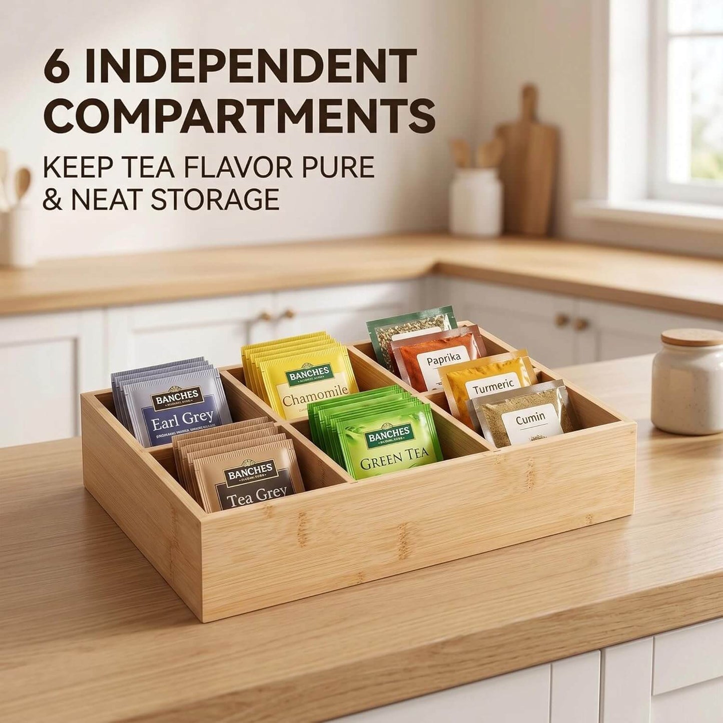 2 Pack Bamboo Desk Organizer with Adjustable Dividers, Modular Wooden Storage Trays for Tea Bags, Snacks, Makeup Office Supplies Drawer Organizer Set for Home & Kitchen