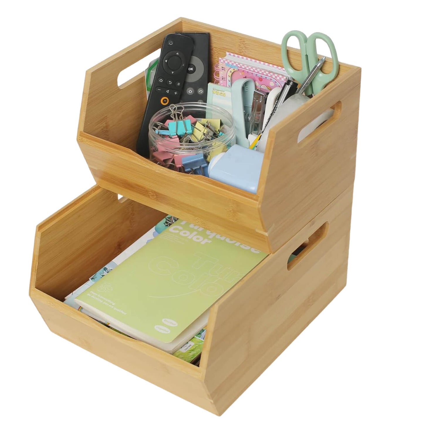 Bamboo Pantry Storage Bins， Potato and Onion Storage Bin Ventilated stackable Design Kitchen Organization Storage Basket Food Fruit Container for Cabinet, Studio, Office