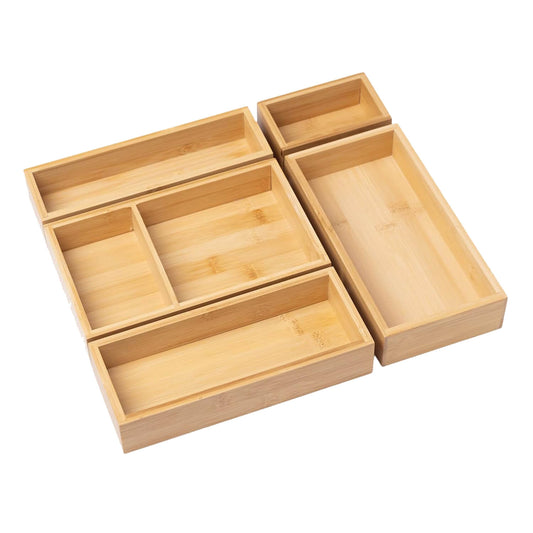 Ninebendstreams 5-Piece Bamboo Drawer Organizer Set Wooden Junk Drawer Organizer for Office，Kitchen Wood Drawer Tea Organier Boxes Silverware, Make Up and Tea Bag