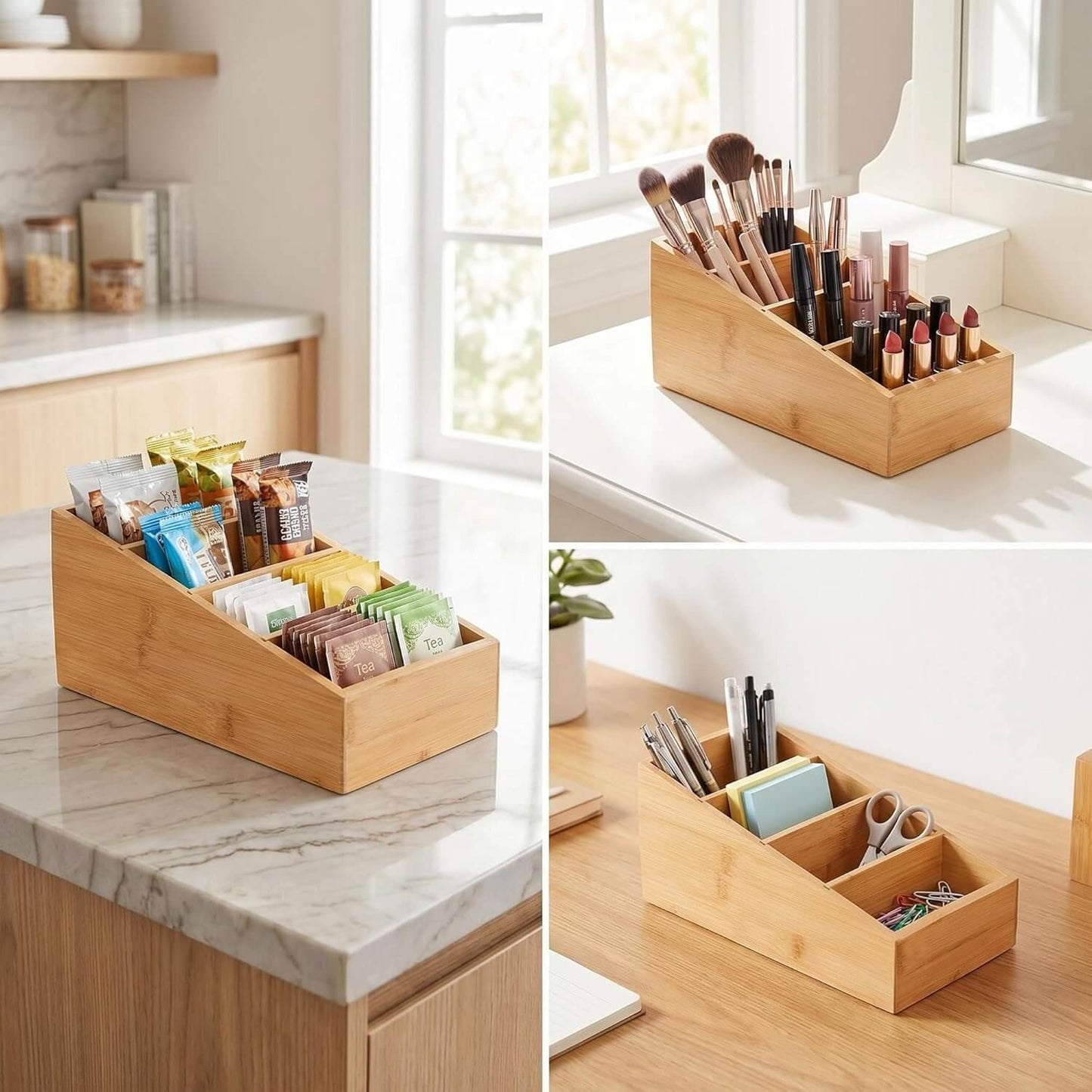 2 Pack Bamboo Food Pantry Organizers for Kitchen, Cabinet, Office,countertop, Wood Snack Organizer and Storage for Spices, Snacks,Coffee, Tea,(4 Section)