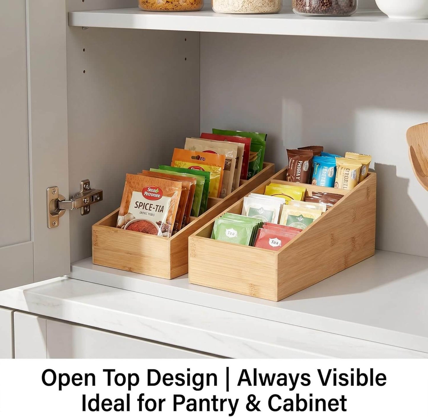 2 Pack Bamboo Food Pantry Organizers for Kitchen, Cabinet, Office,countertop, Wood Snack Organizer and Storage for Spices, Snacks,Coffee, Tea,(4 Section)