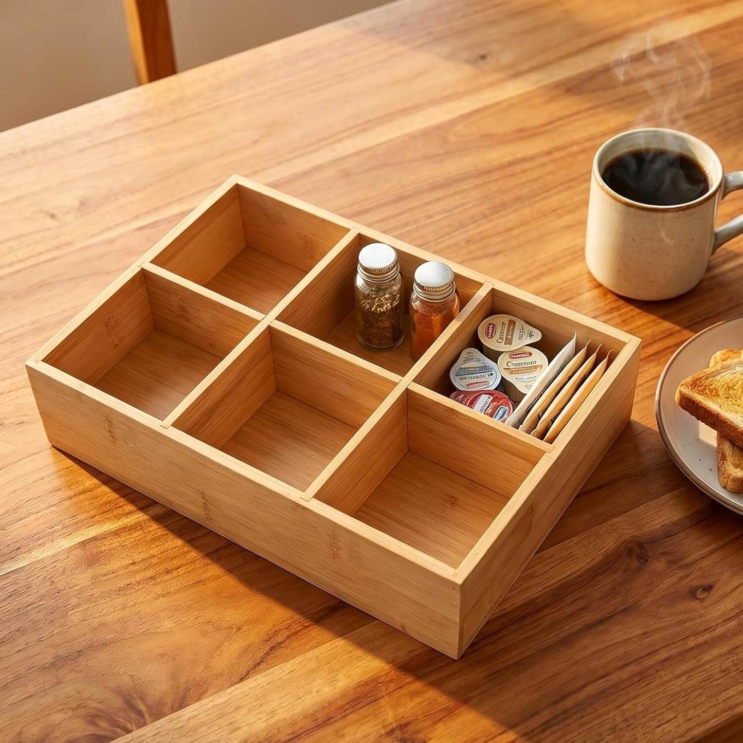 2 Pack Bamboo Desk Organizer with Adjustable Dividers, Modular Wooden Storage Trays for Tea Bags, Snacks, Makeup Office Supplies Drawer Organizer Set for Home & Kitchen